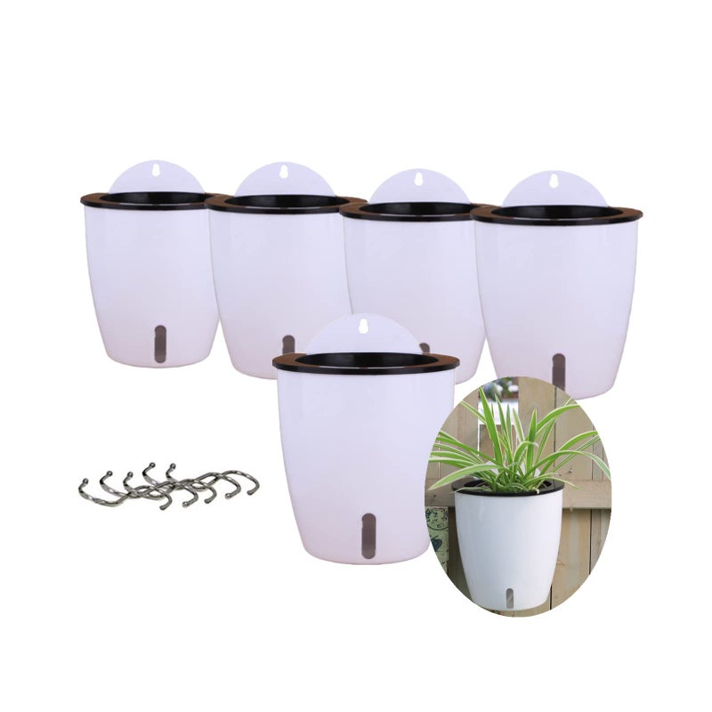 Dodxiaobeul 5 Pack Visible Water Level Self Watering Planter with Inner Pot,Hanging Planters,Wall Mounted Plants Holder,Small Flower pots Indoor Out Flowerpot with 5 Hooks for All House Plants (White) - Image 1